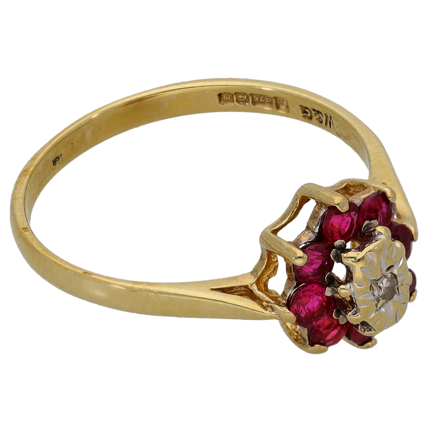 9ct Gold Ruby & 0.01ct Diamond Cluster Ring Size M