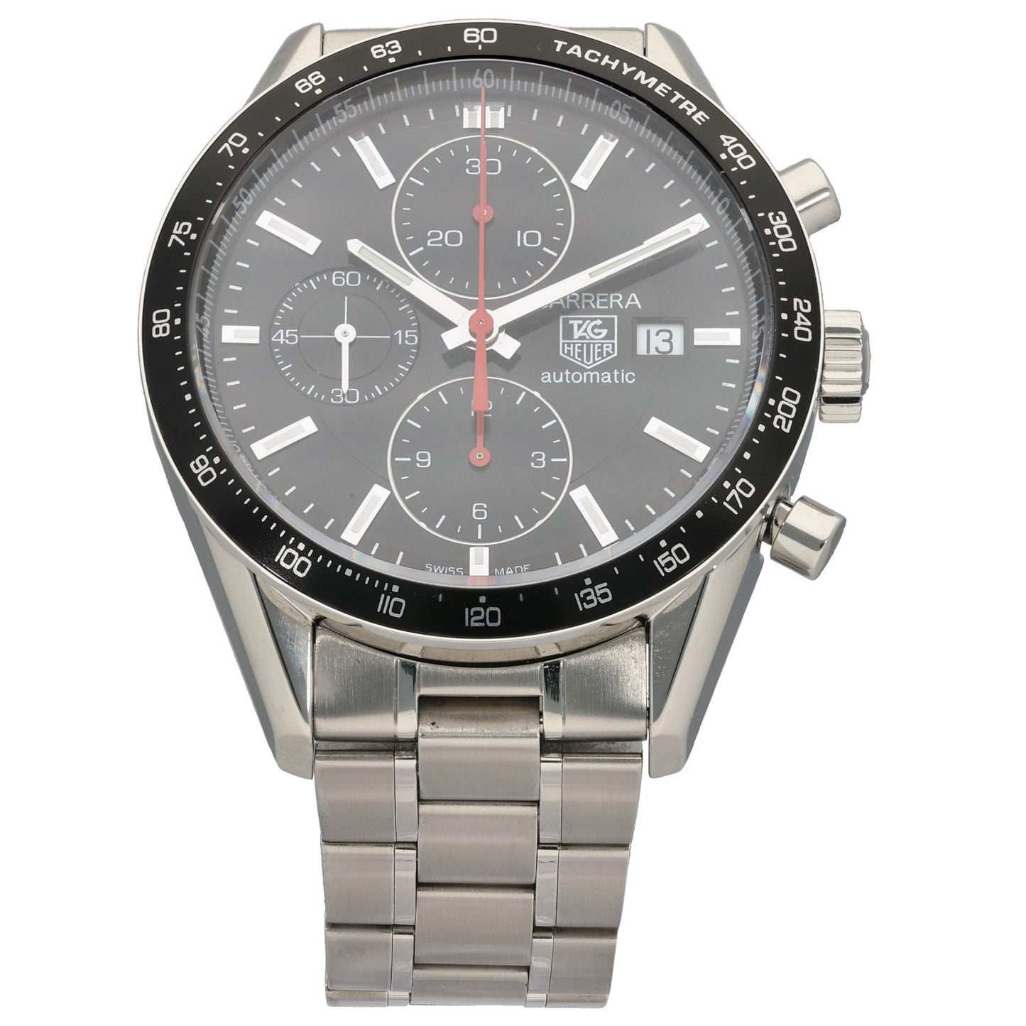 Tag Heuer Carrera CV2014-2 stainless steel chronograph watch with black dial, tachymeter bezel