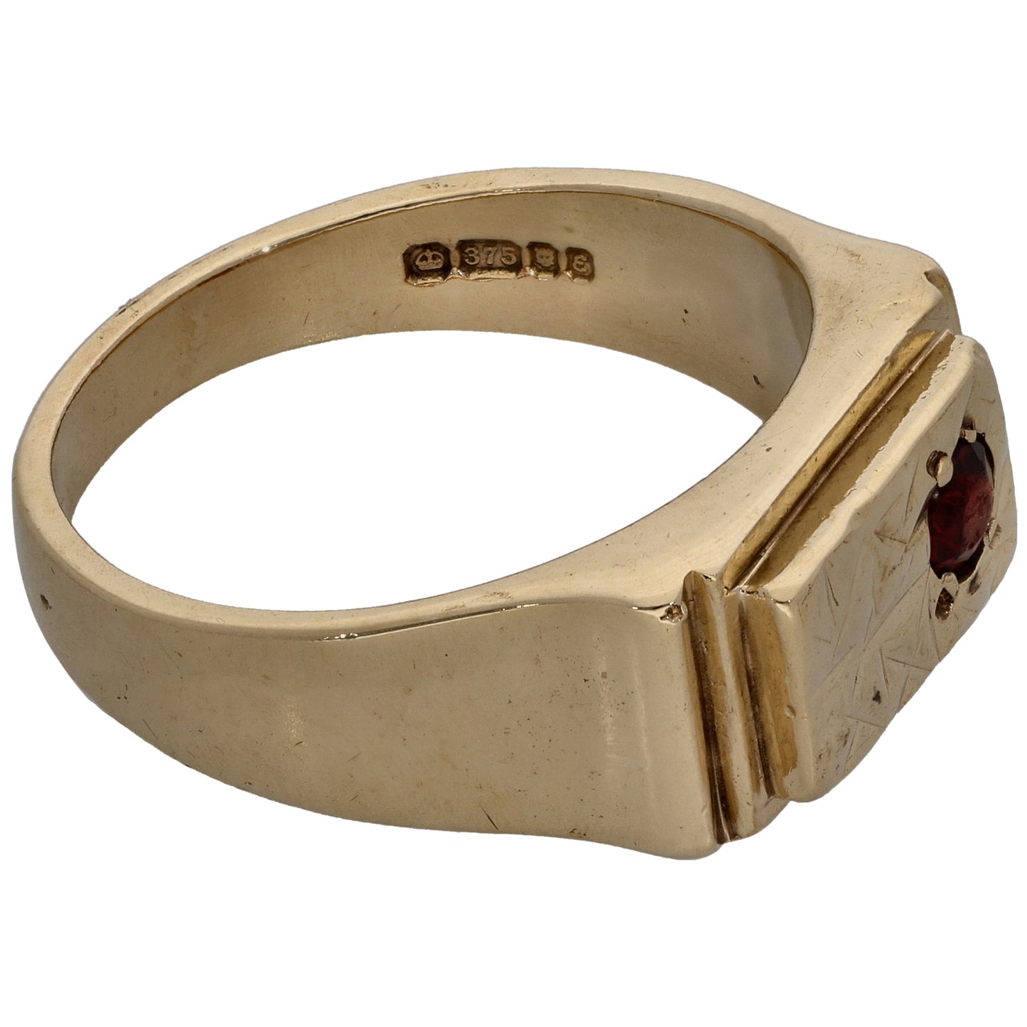 9ct Gold Garnet Patterned Single Stone Signet Ring Size Q