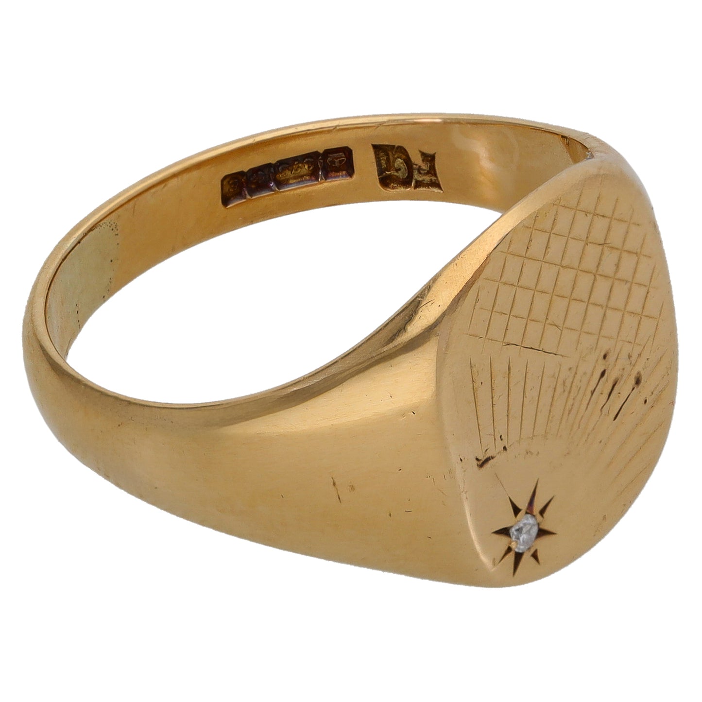 9ct Gold 0.005ct Diamond Patterned Single Stone Signet Ring Size T