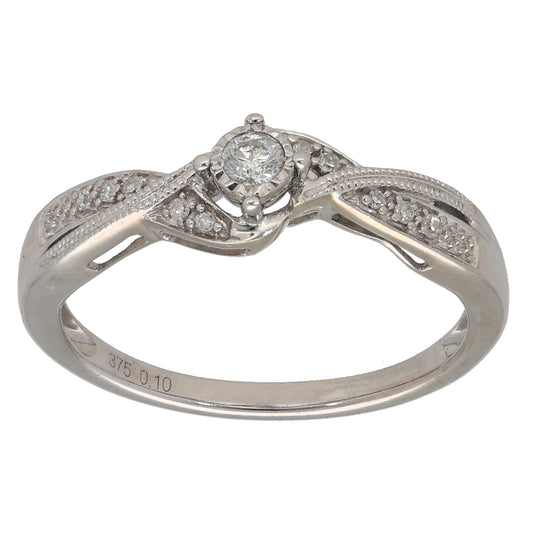 9ct White Gold 0.10ct Diamond Solitaire Ring With Accent Stones Size O