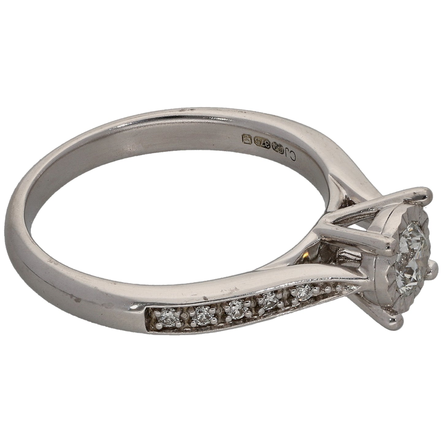 9ct White Gold 0.33ct Diamond Solitaire Ring With Accent Stones Size L