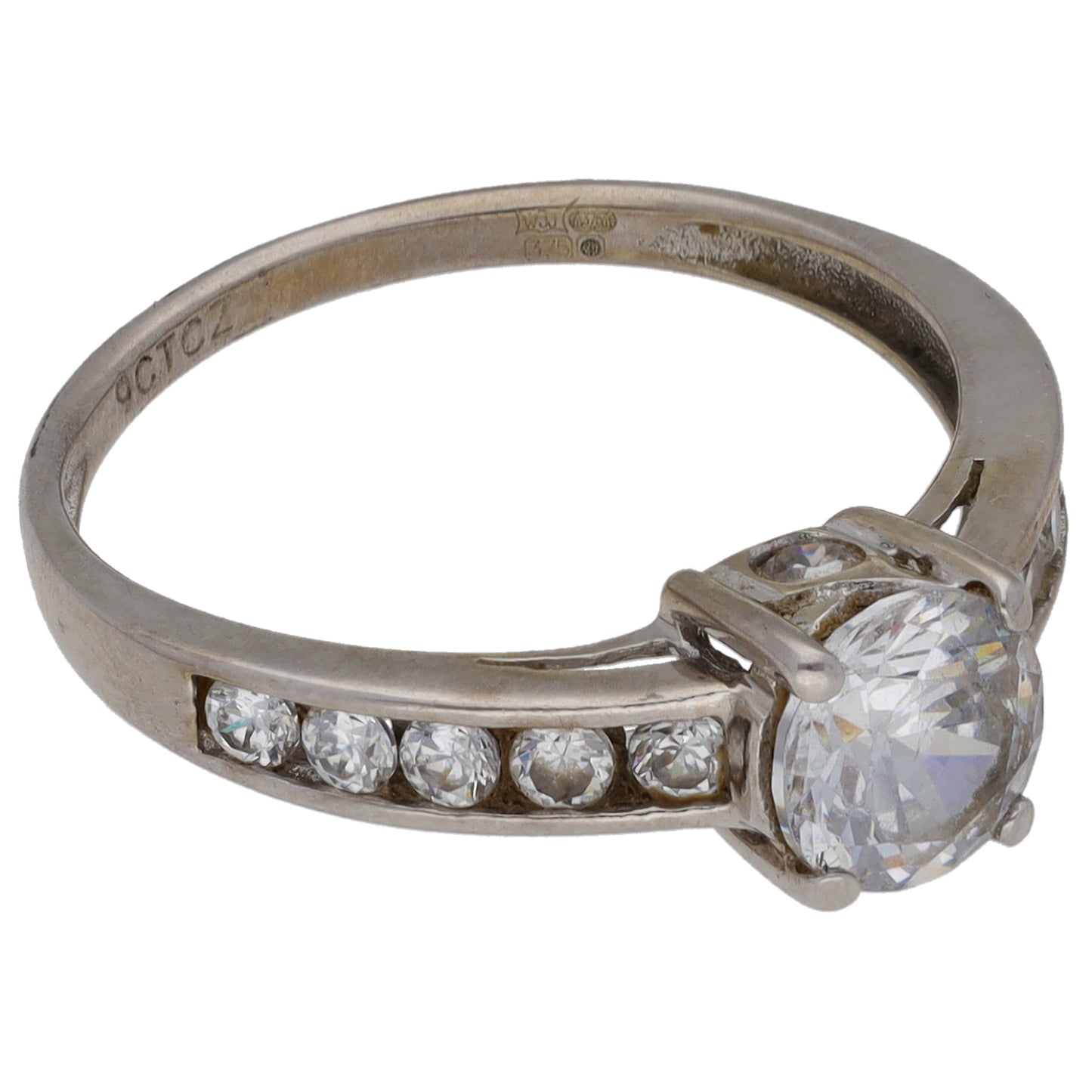 9ct White Gold Cubic Zirconia Single Stone Ring with Accent Stones Size M
