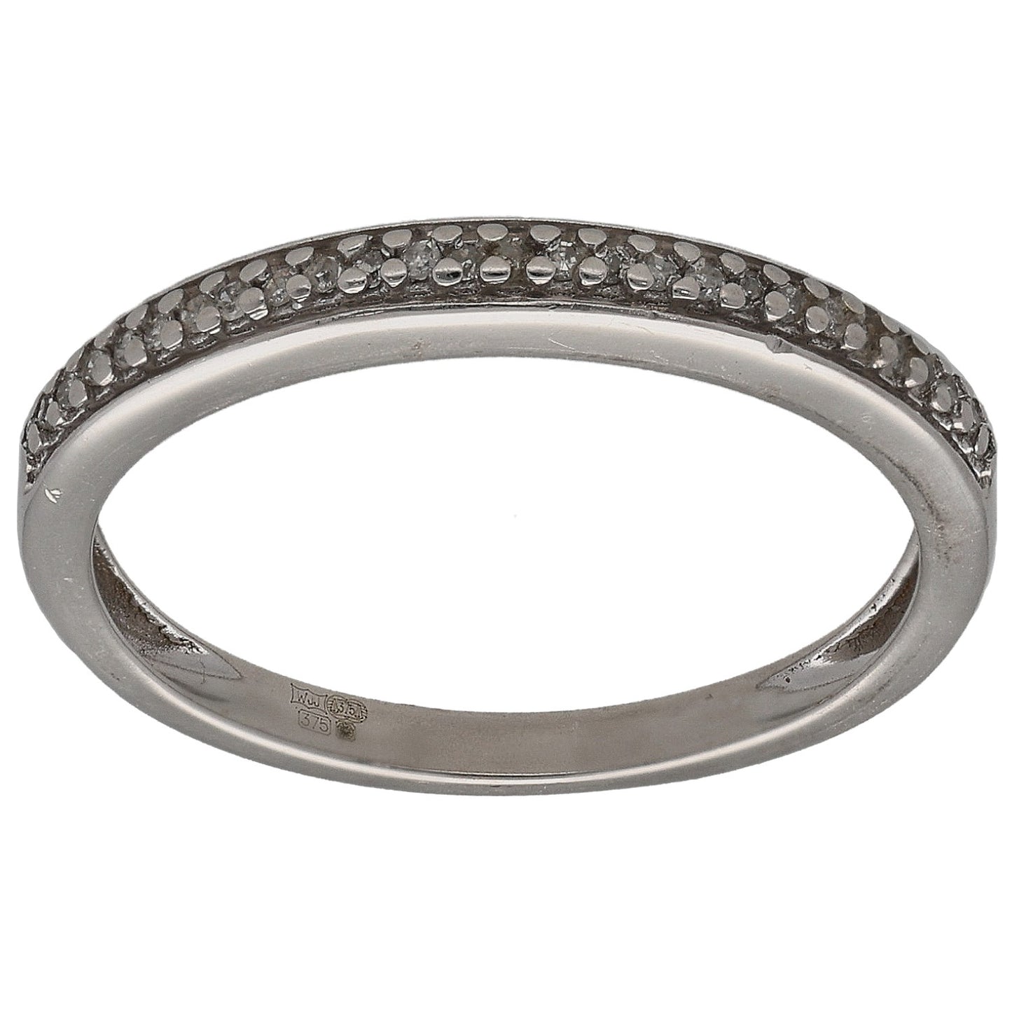 White gold half eternity ring with round diamonds, polished band, Size M.