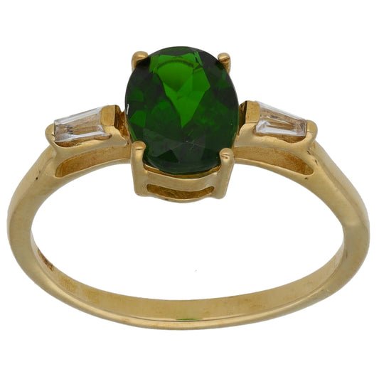 9ct Gold Diopside & Cubic Zirconia Single Stone Ring with Accent Stones Size N
