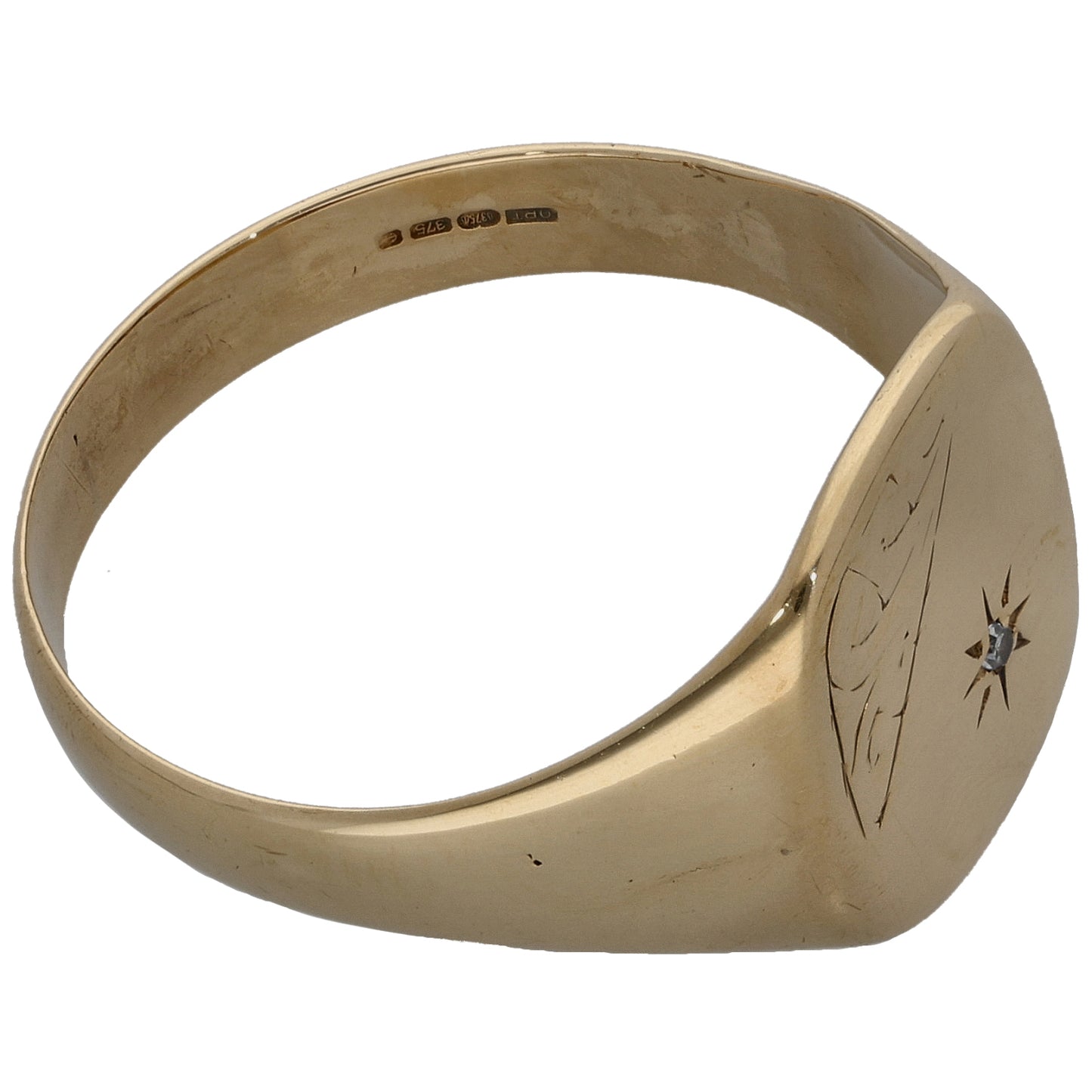 9ct Gold 0.005ct Diamond Patterned Single Stone Signet Ring Size V