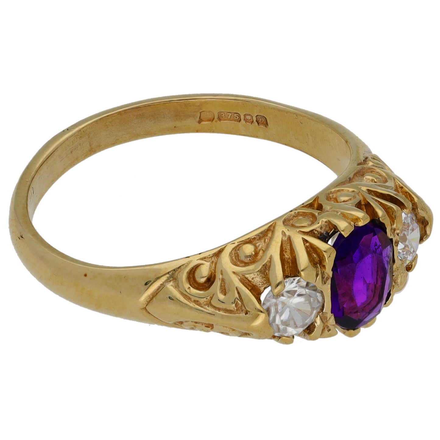9ct Gold Amethyst & Cubic Zirconia Three Stone Ring Size O