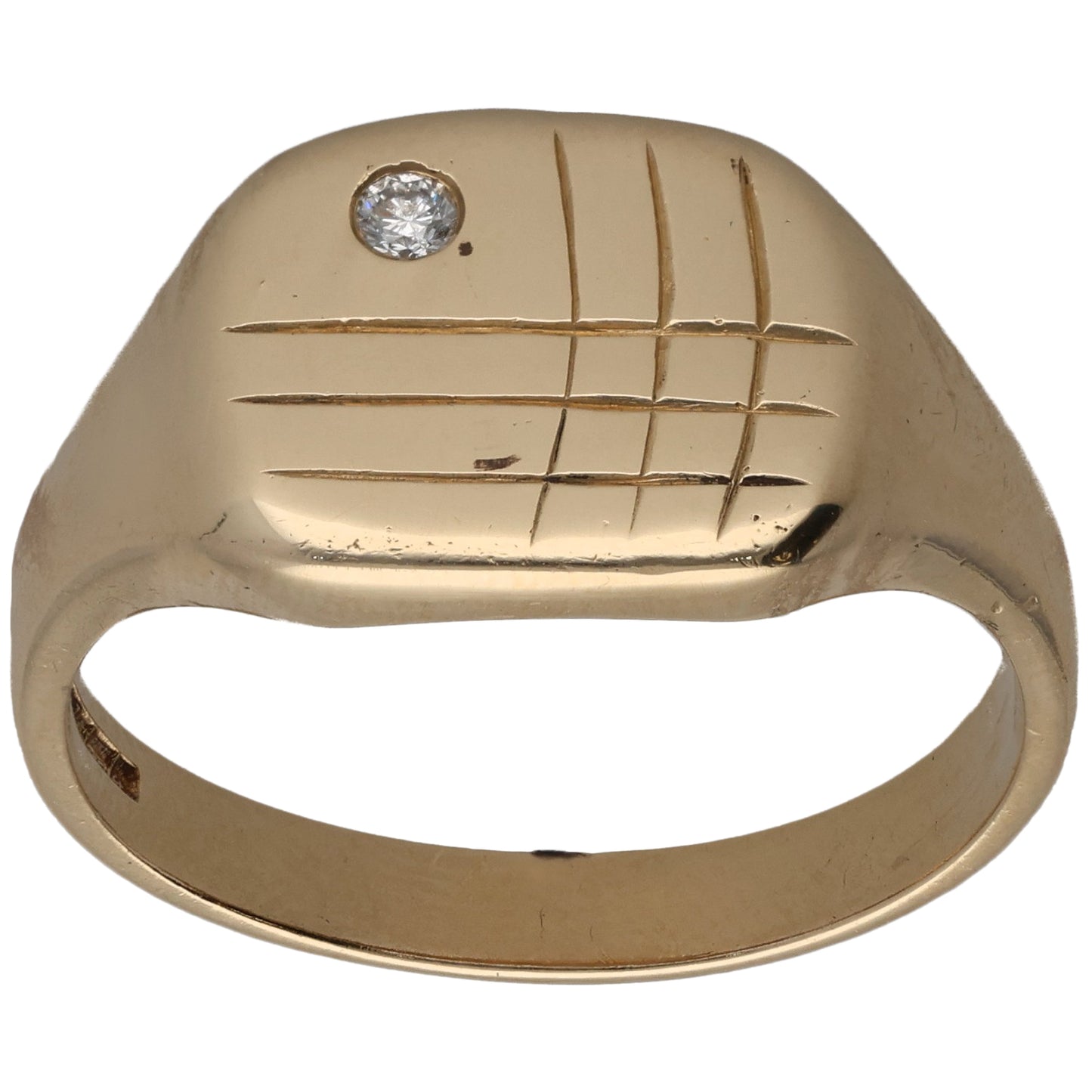 9ct Gold 0.05ct Diamond Single Stone Patterned Signet Ring Size U