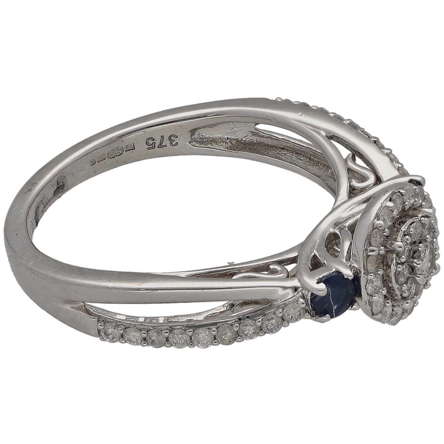 9ct White Gold Sapphire & 0.44ct Diamond Dress/Cocktail Ring Size M