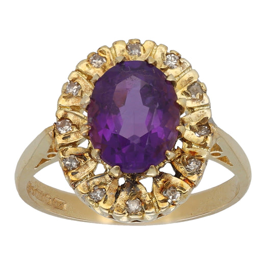 9ct Gold Amethyst & 0.12ct Diamond Dress/Cocktail Ring Size M