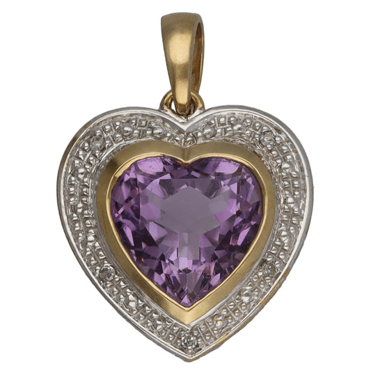 9ct Gold 0.02ct Diamond & Amethyst Heart Pendant
