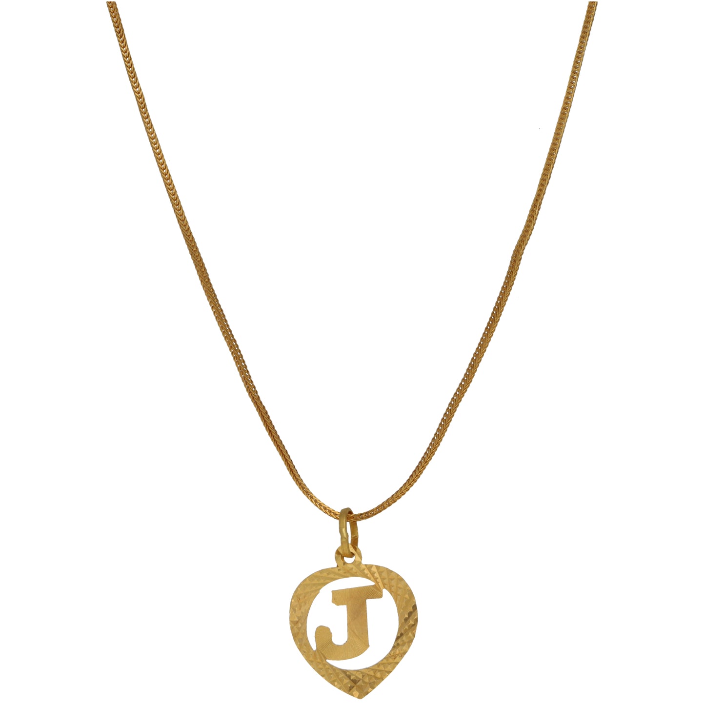Gold initial pendant necklace with heart charm and J on a fine link chain