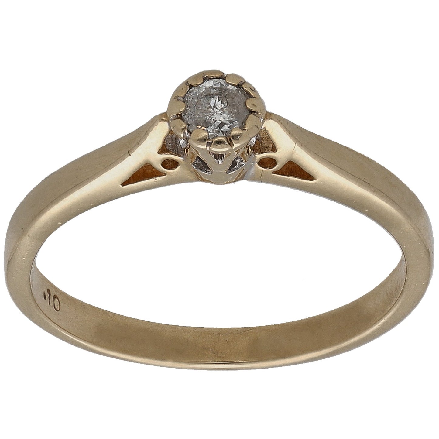 9ct gold solitaire ring with round diamond center stone, openwork shoulders