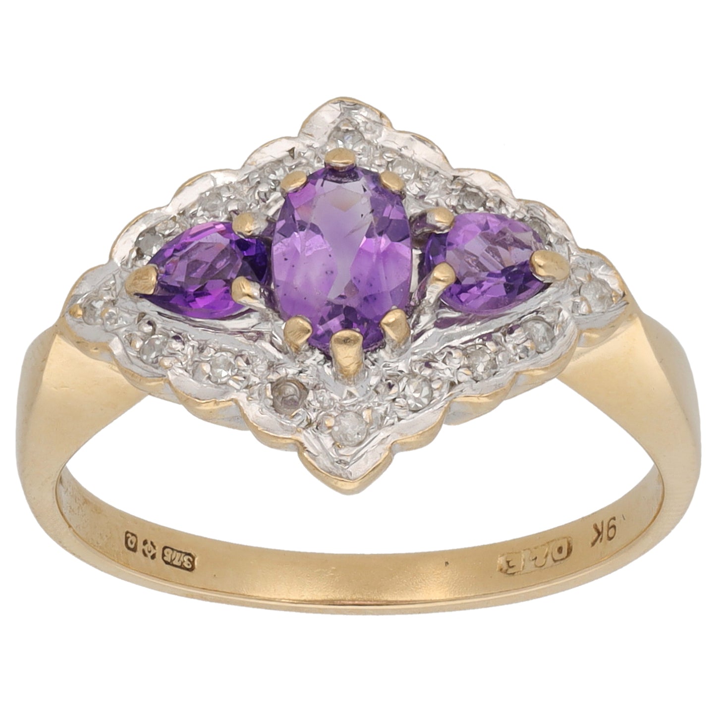 9ct Gold Amethyst & 0.08ct Diamond Dress/Cocktail Ring Size O