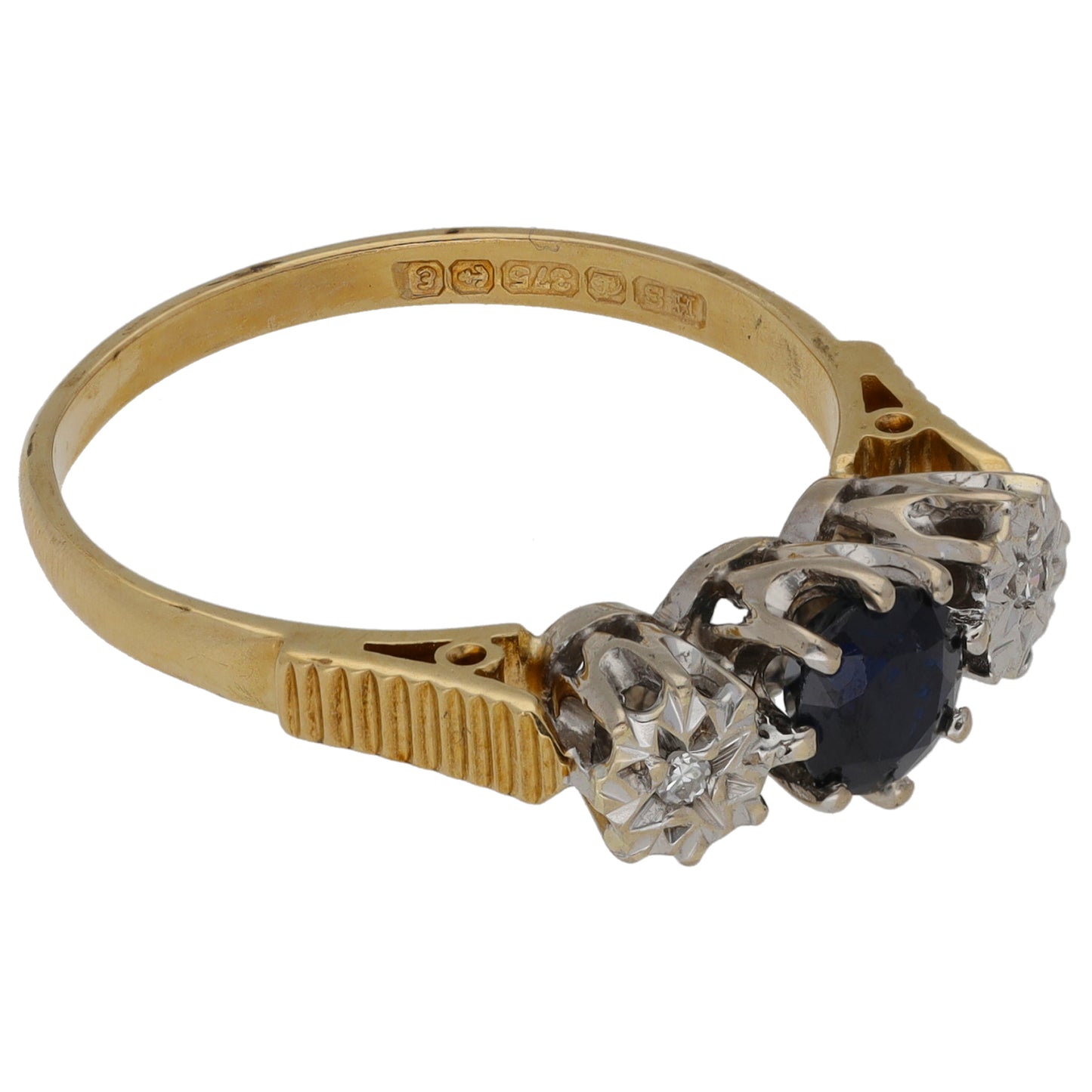 9ct Gold 0.02ct Diamond & Sapphire Trilogy Ring Size P