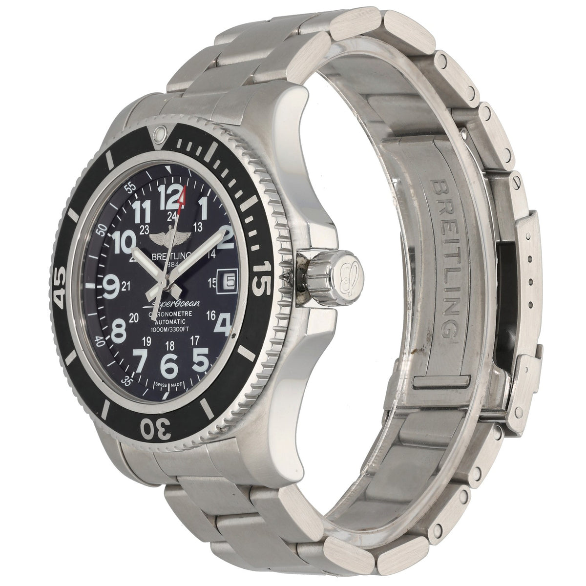 Breitling Superocean II A17392, stainles steel chronometre watch with black dial and bezel, front angle