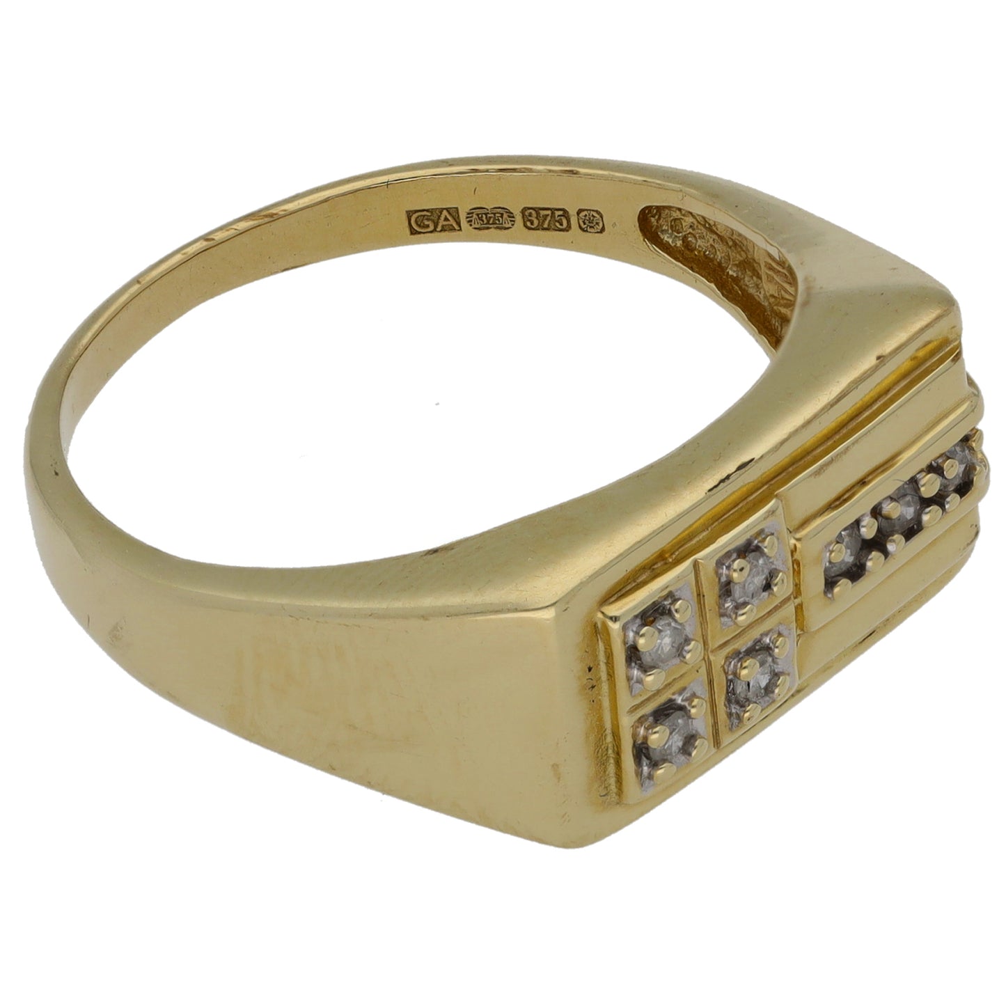 9ct Gold 0.07ct Diamond Patterned Signet Ring Size U