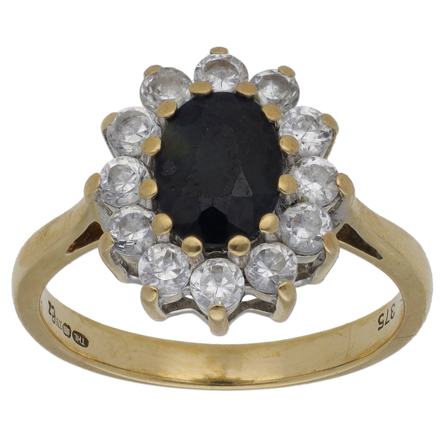 9ct Gold Sapphire & Cubic Zirconia Cluster Ring Size O