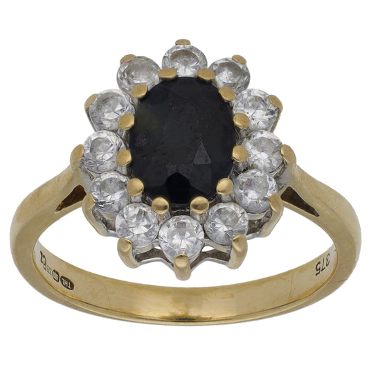 9ct Gold Sapphire & Cubic Zirconia Cluster Ring Size O