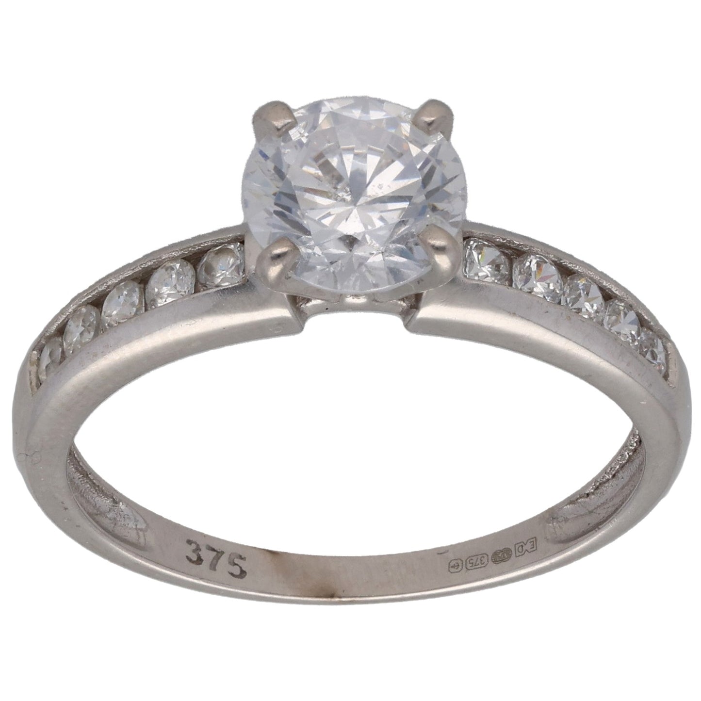 9ct White Gold Cubic Zirconia Single Stone Ring With Accents Size N