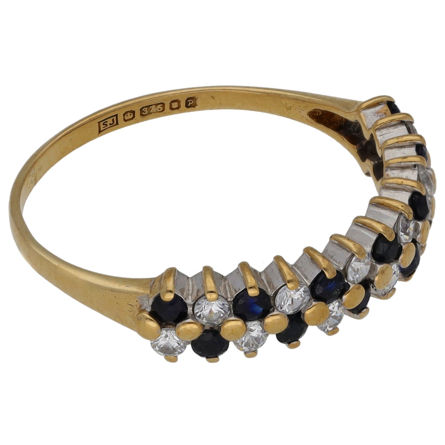 9ct Gold Sapphire & Cubic Zirconia Half Eternity Ring Size O