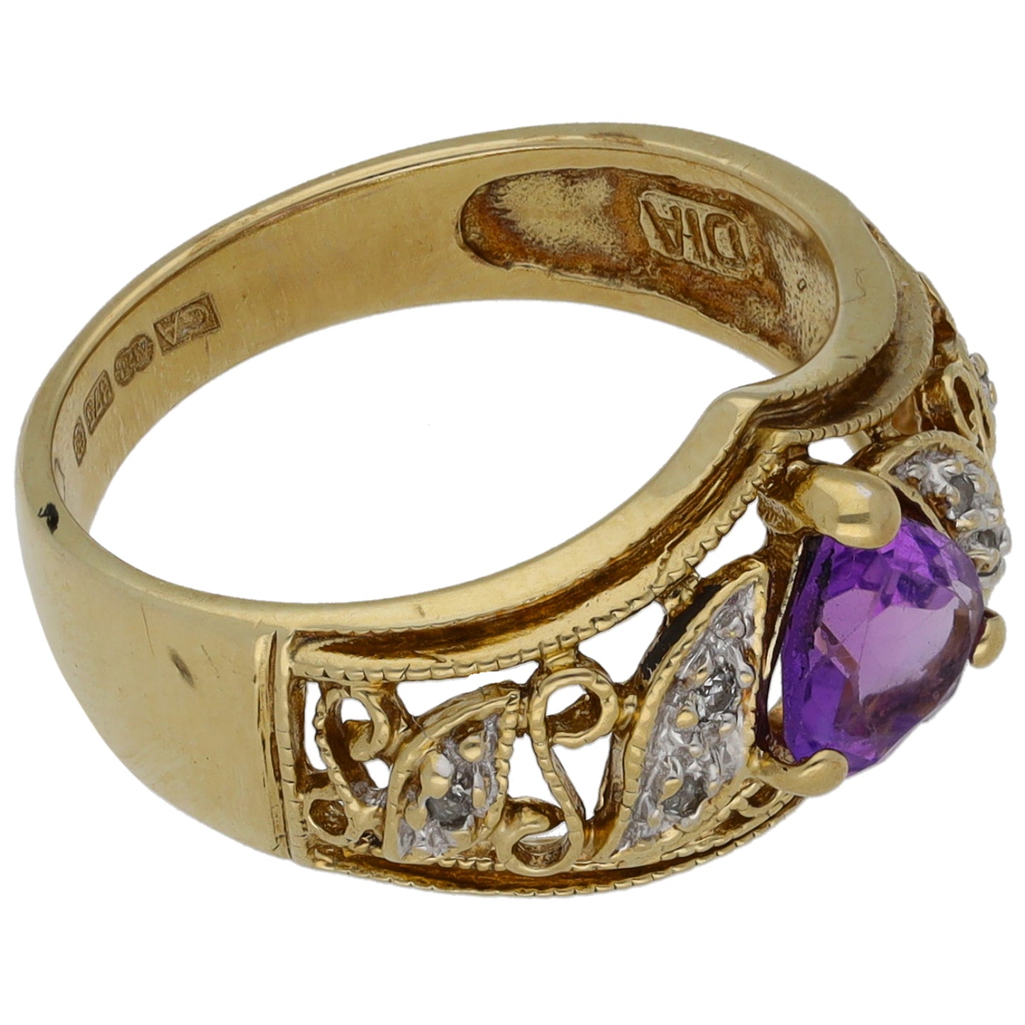 9ct Gold Amethyst & 0.03ct Diamond Dress/Cocktail Ring Size L