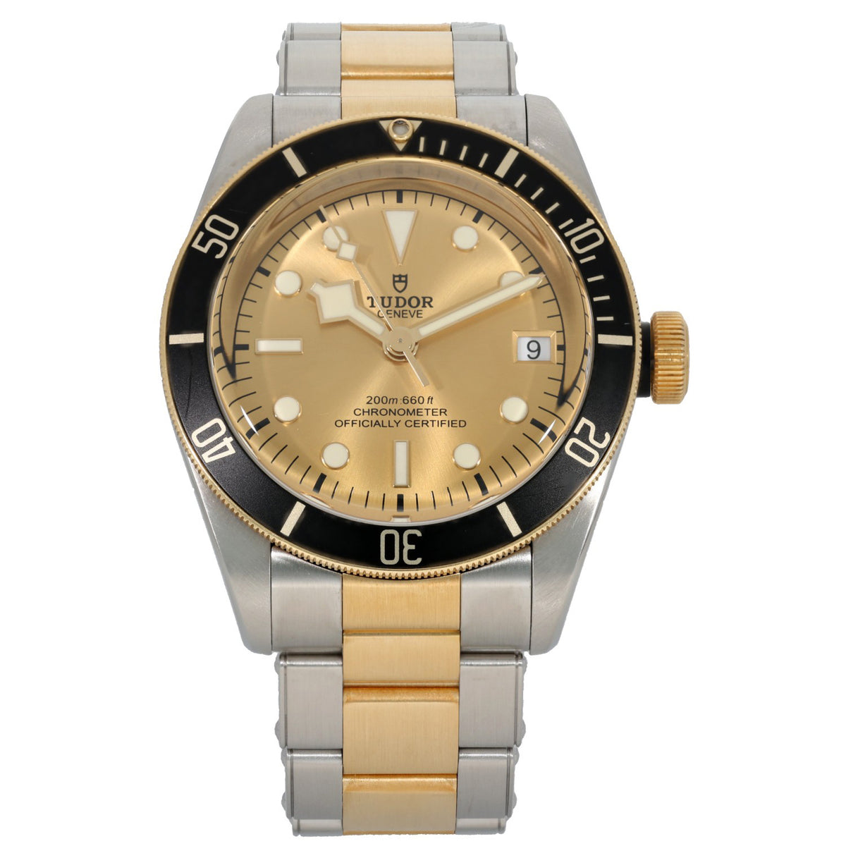 Tudor Heritage Black Bay, champagne dial inside a 41mm stainless steel case, with a gold and steel link bracelet.