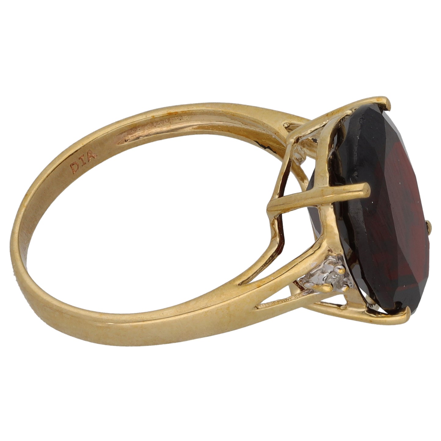 9ct Gold Garnet & 0.02ct Diamond Single Stone Ring With Accents Size M