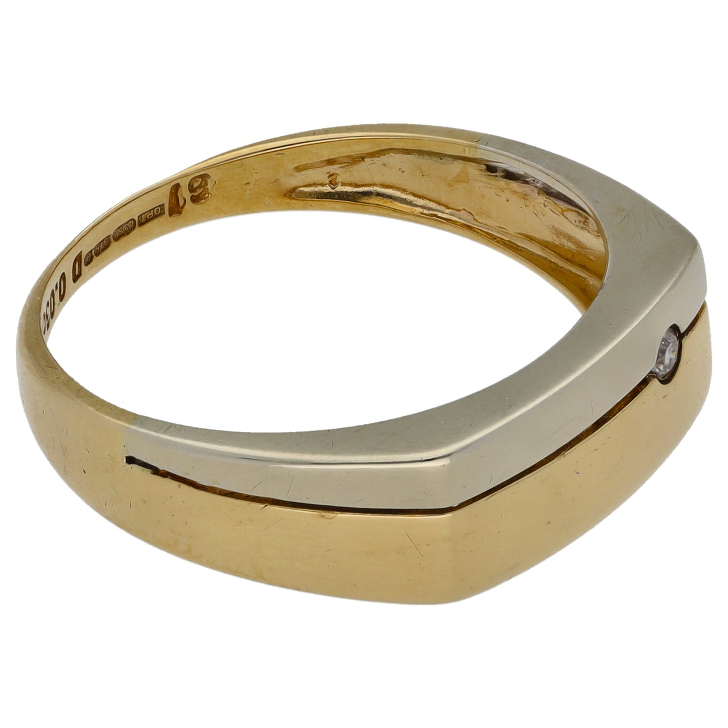 9ct Bicolour Gold 0.03ct Diamond Patterned Single Stone Signet Ring Size T