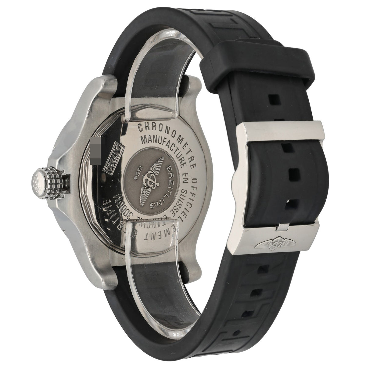 Breitling Avenger II A17330 Stainless steel watch caseback with engraved details and black rubber strap