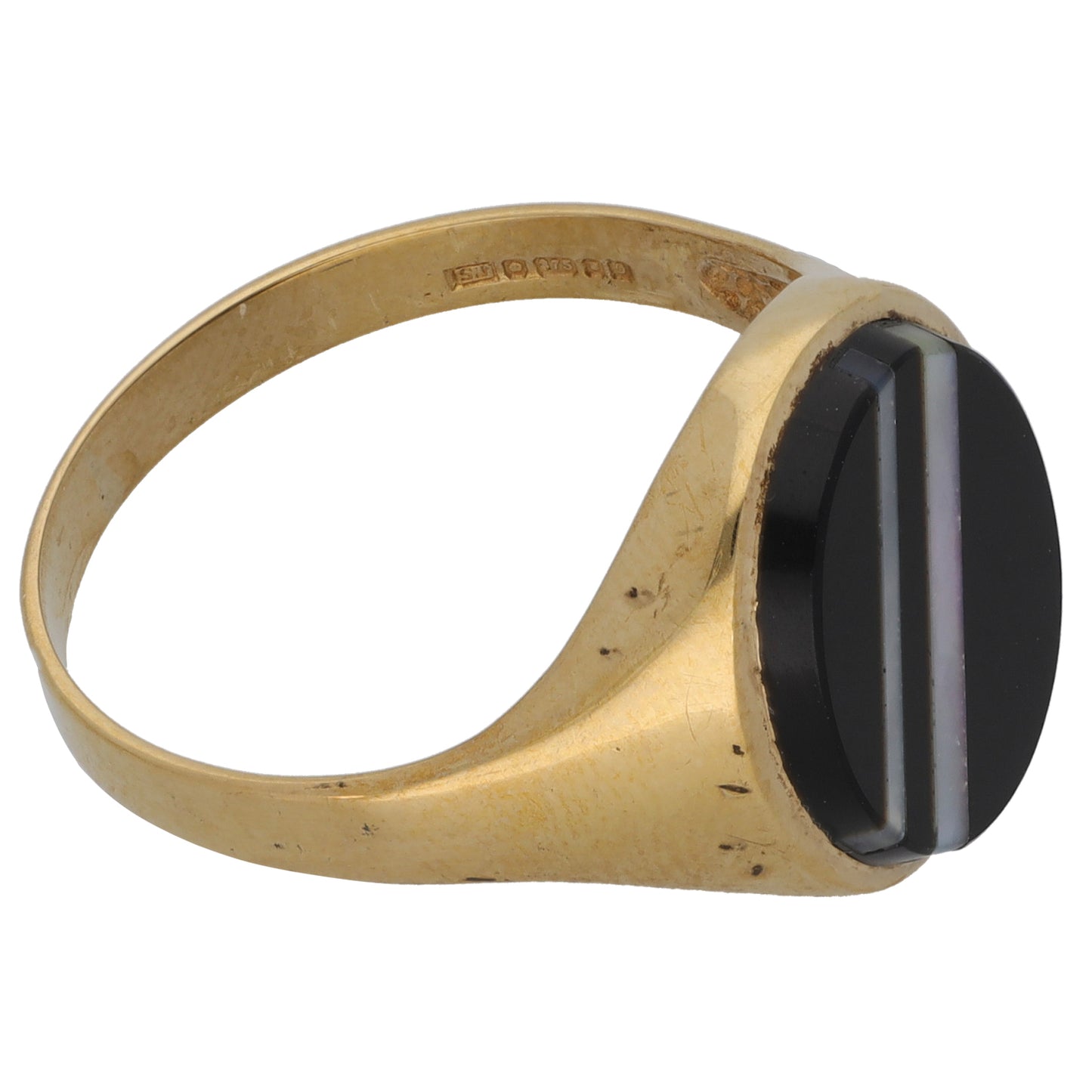9ct Gold Onyx & Mother Of Pearl Plain Signet Ring Size T
