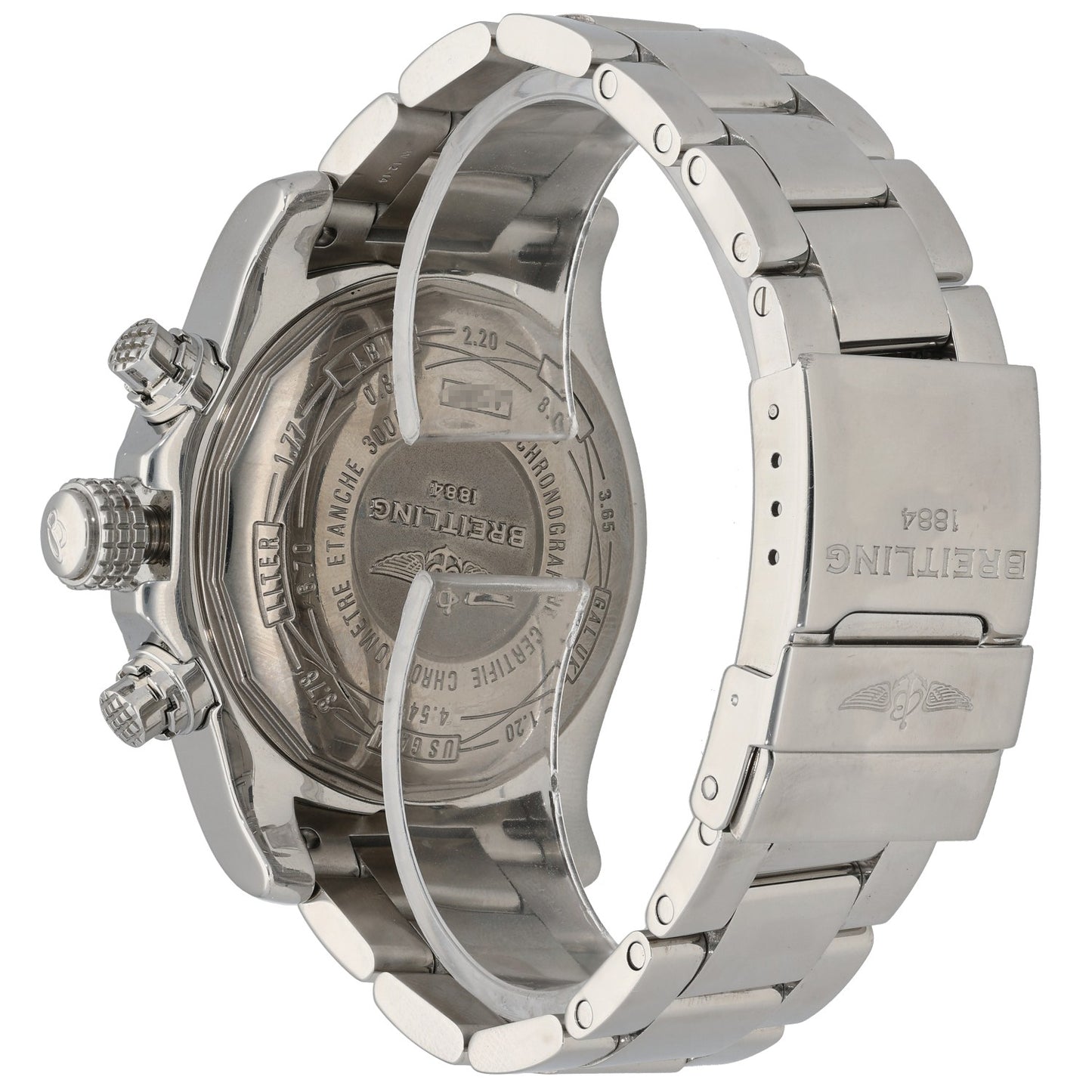 Breitling Avenger II A13381 Stainless steel wristwatch back view with engraved case and link bracelet clasp