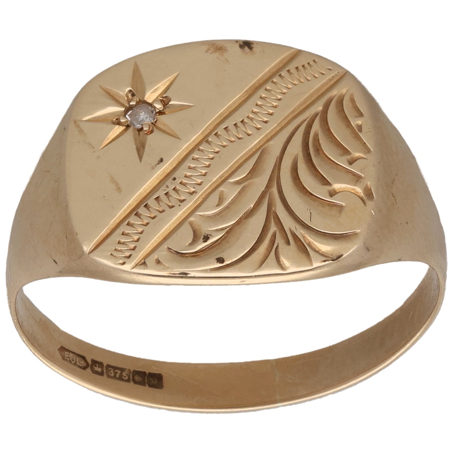 9ct Gold 0.01ct Diamond Single Stone Patterned Signet Ring Size M