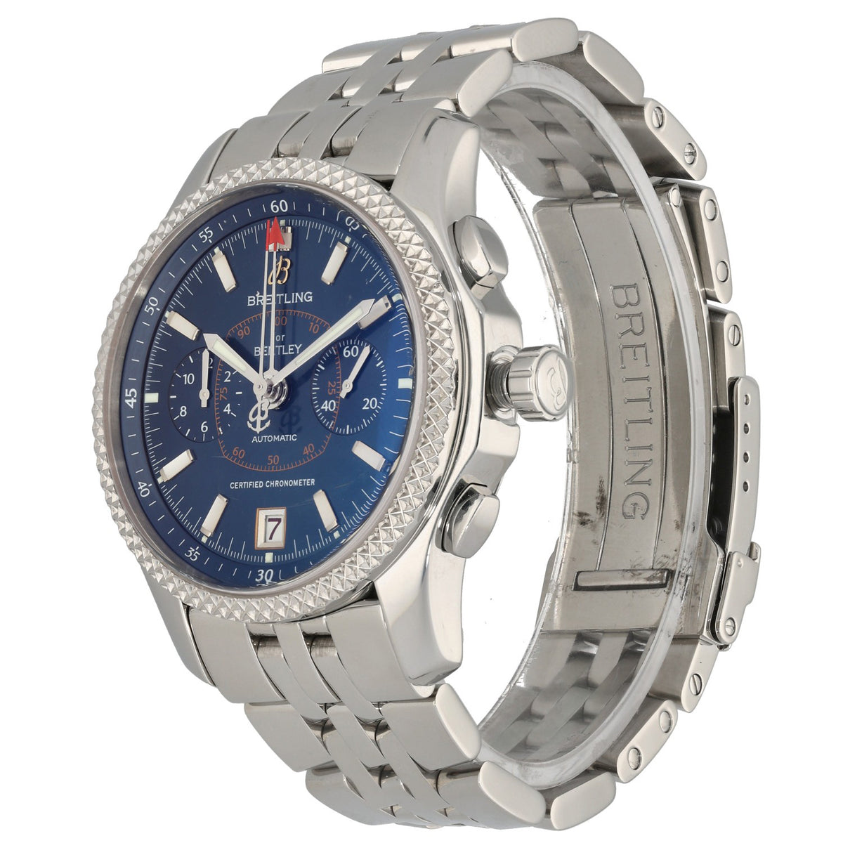 Breitling Bentley Mark VI P26362 watch angled view, blue dial with silver case and link bracelet