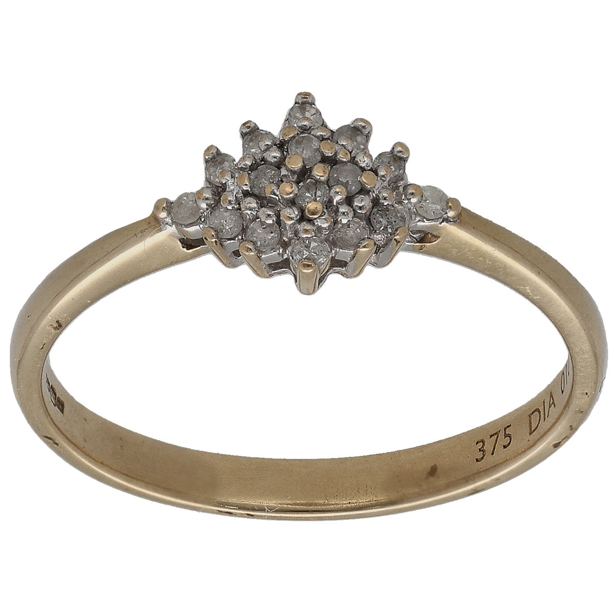9ct gold round diamond cluster ring with raised grey sparkle halo on band