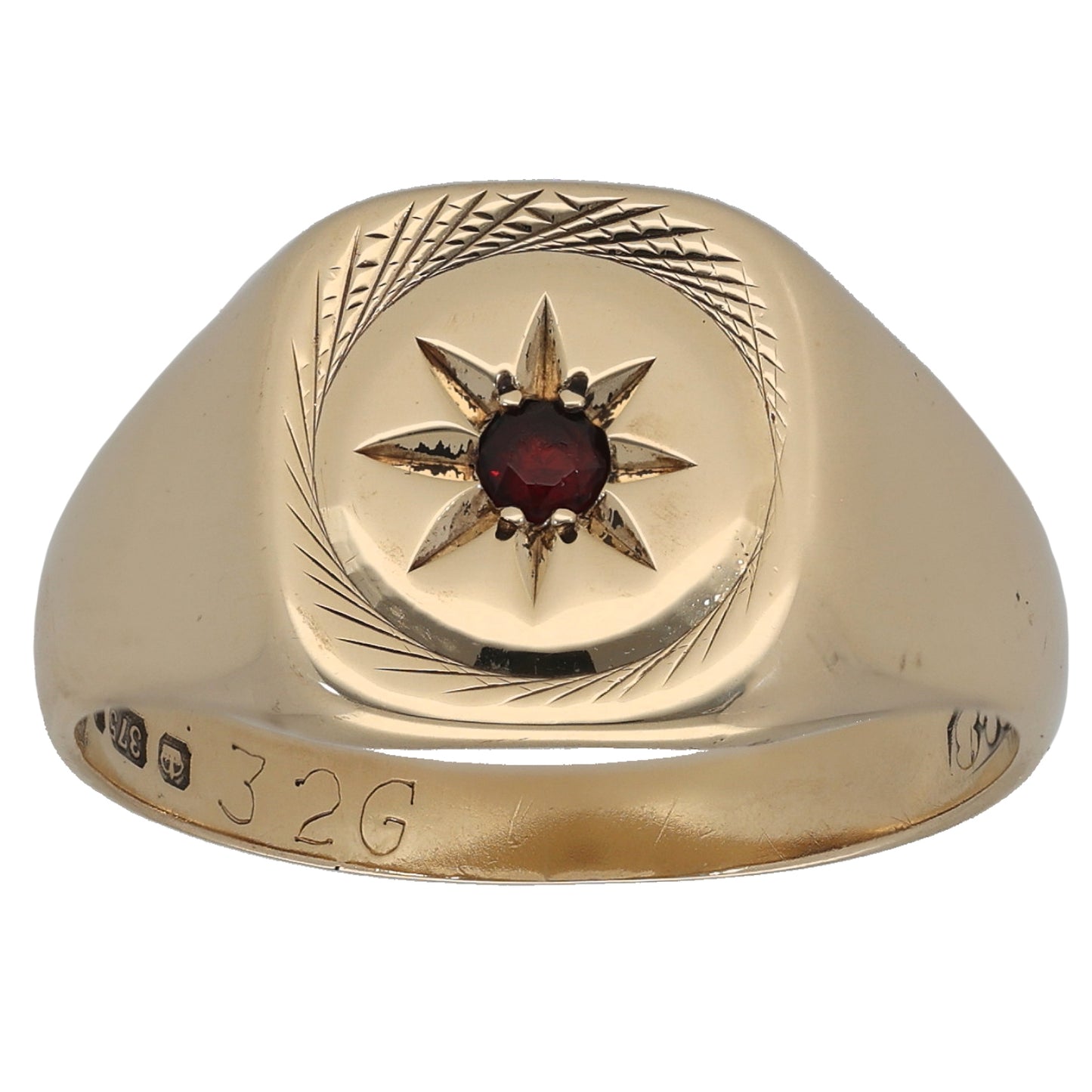 9ct Gold Garnet Patterned Single Stone Signet Ring Size V