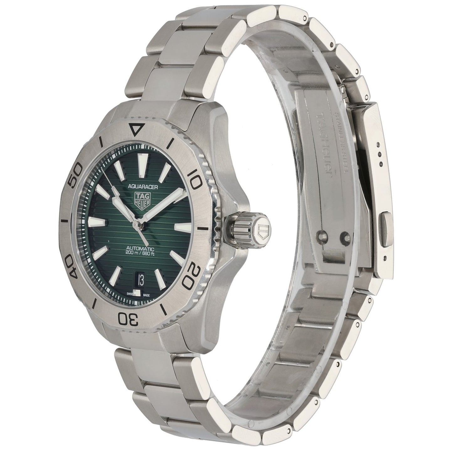 Tag Heuer Aquaracer WBP2115 Stainless steel diver watch side profile with teal dial and rotating bezel