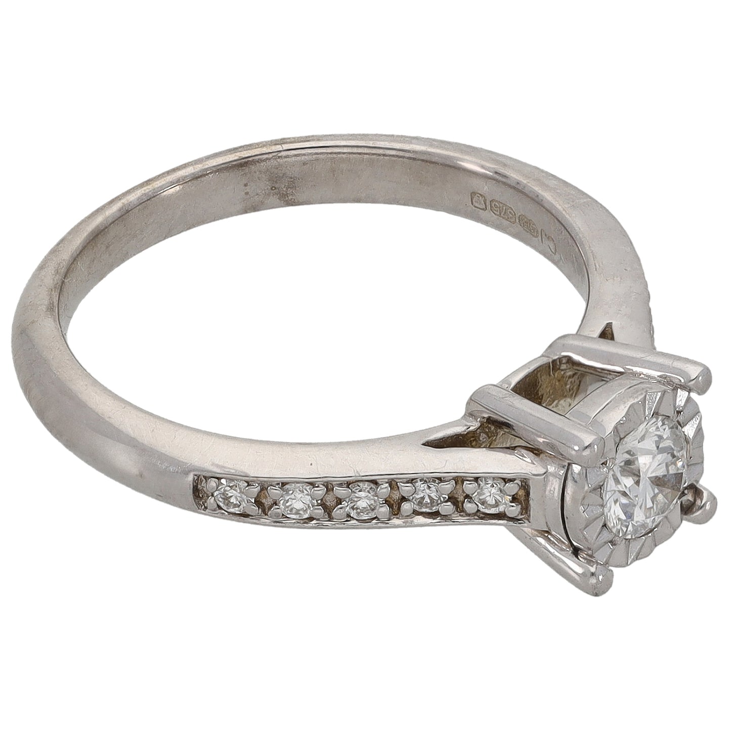 9ct White Gold 0.35ct Diamond Solitaire Ring With Accent Stones Size L