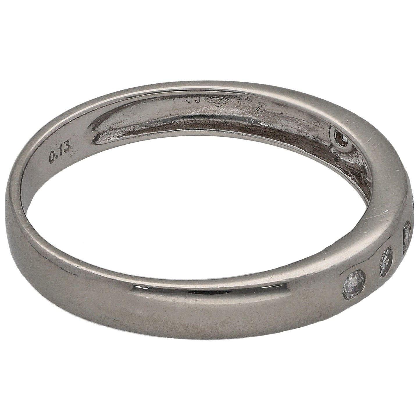 Platinum half-eternity diamond ring, side view with small round stones set