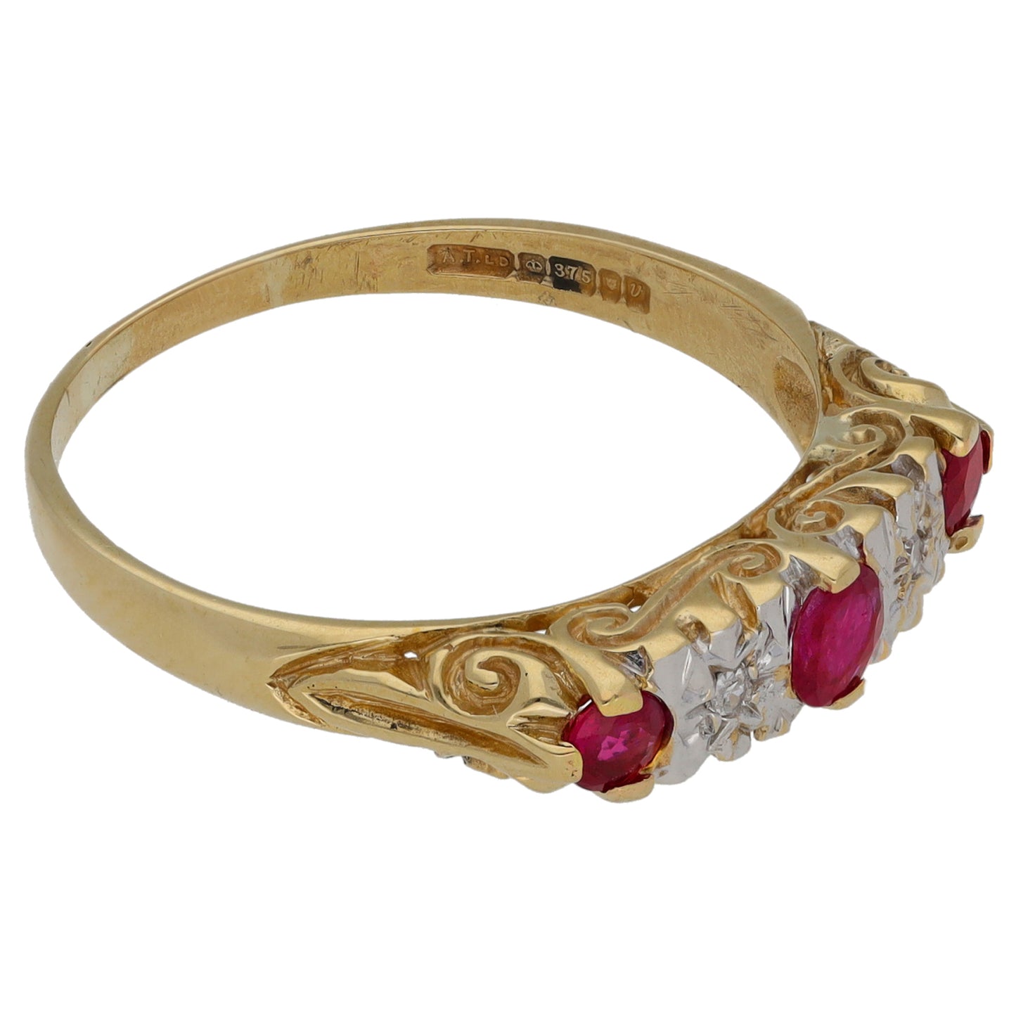 9ct Gold Ruby & 0.02ct Diamond Half Eternity Ring Size Q