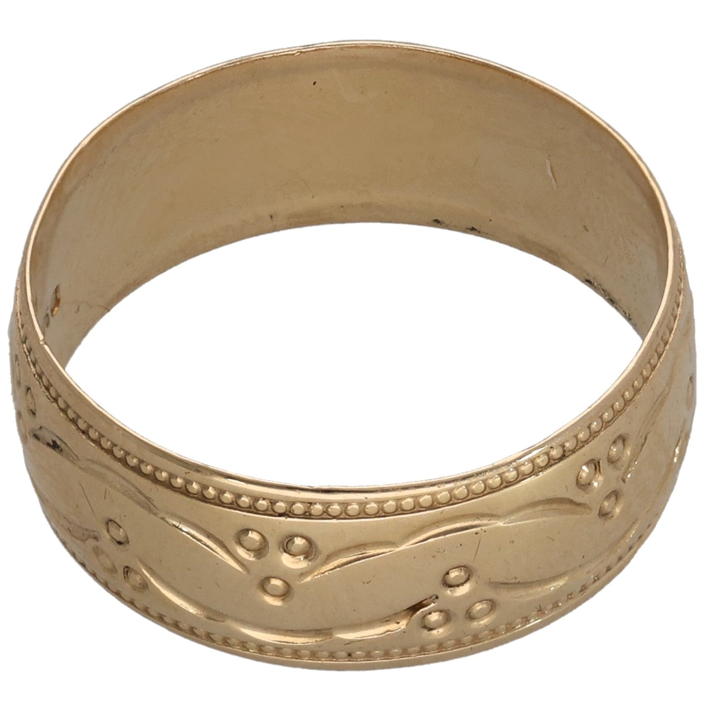 9ct gold patterned wedding ring band with bead-and-line detailing, side view