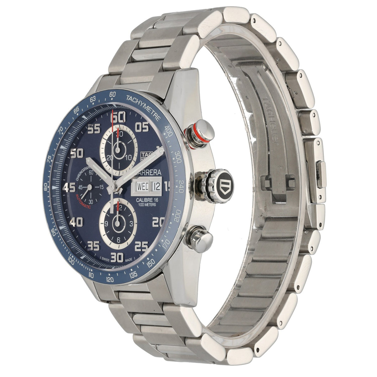 Tag Heuer Carrera CV2A1V, with rich blue dial and bezel with a tachy meter and other sub dials, front angle image showing inner bracelet