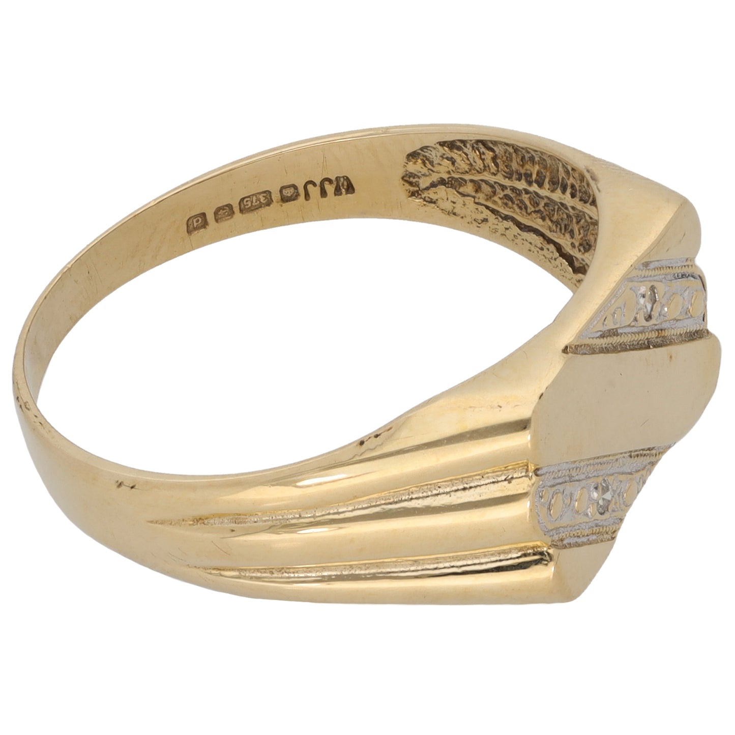 9ct Gold 0.01ct Diamond Patterned Signet Ring Size V