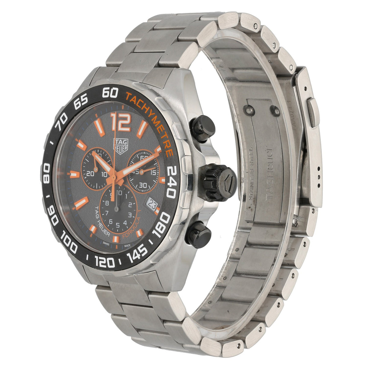 Tag Heuer F1 CAZ101AH stainless steel watch side view with orange dial and crown pushers