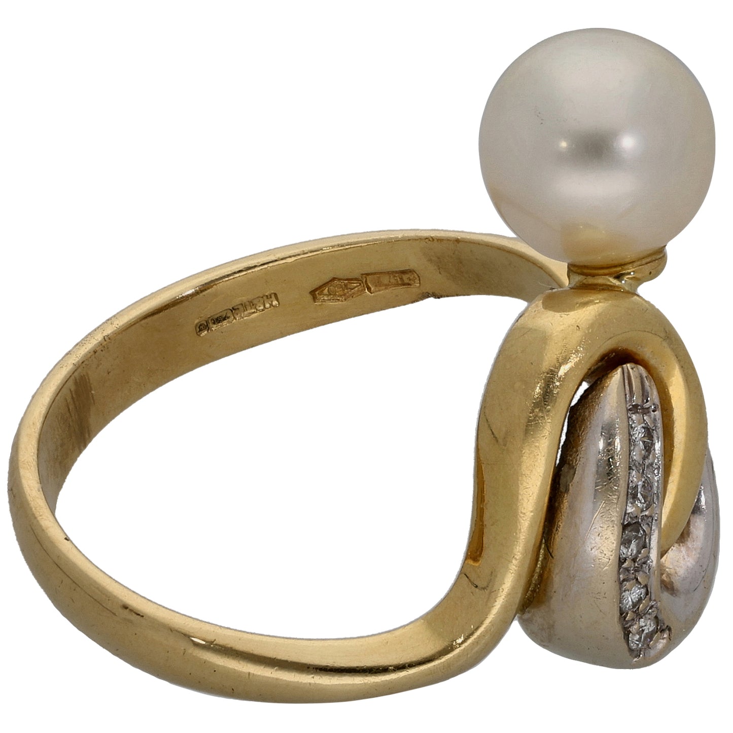 18ct Gold Cultured Pearl & 0.05ct Diamond Dress/Cocktail Ring Size M