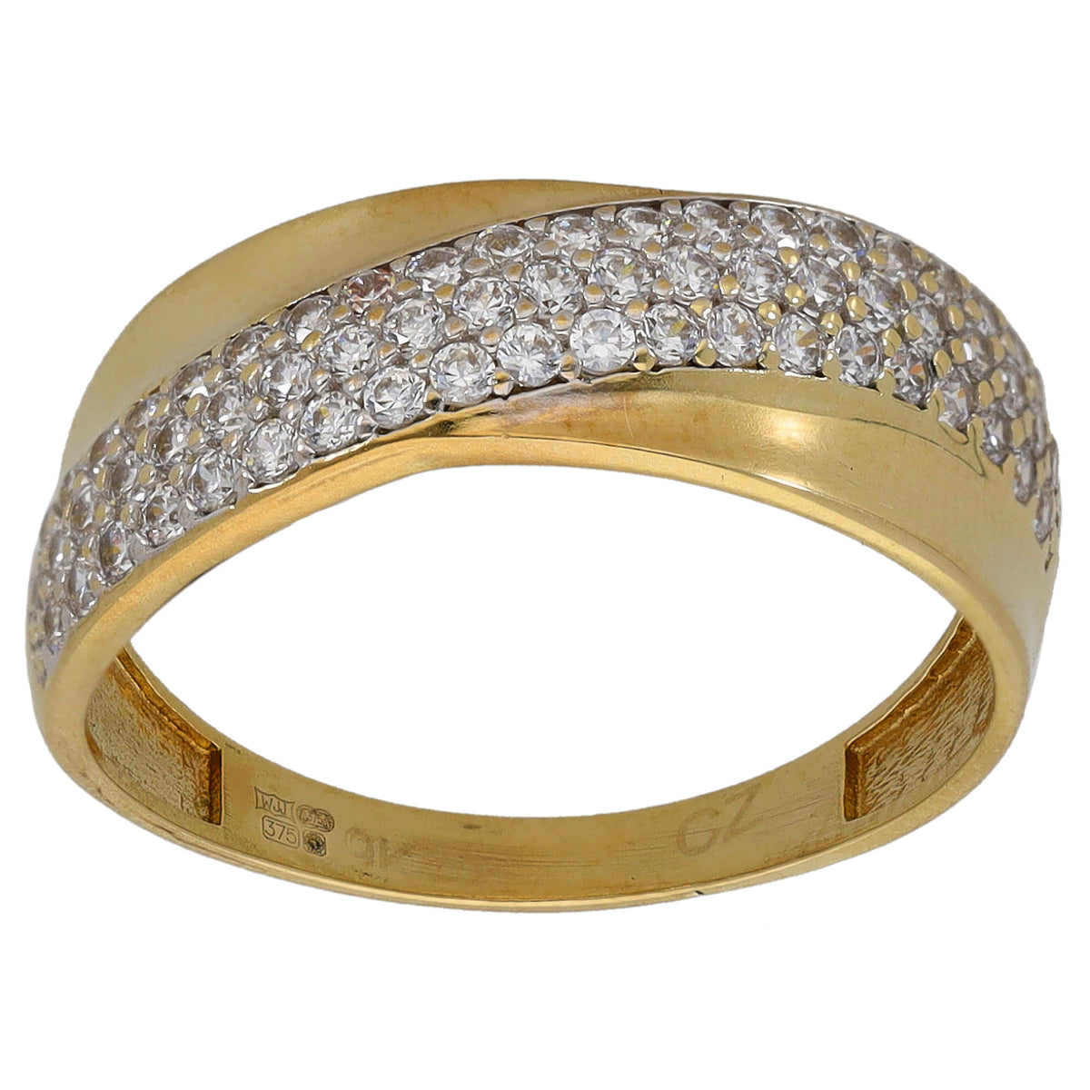 Gold-tone ring with CZ pave band wrapping the top half