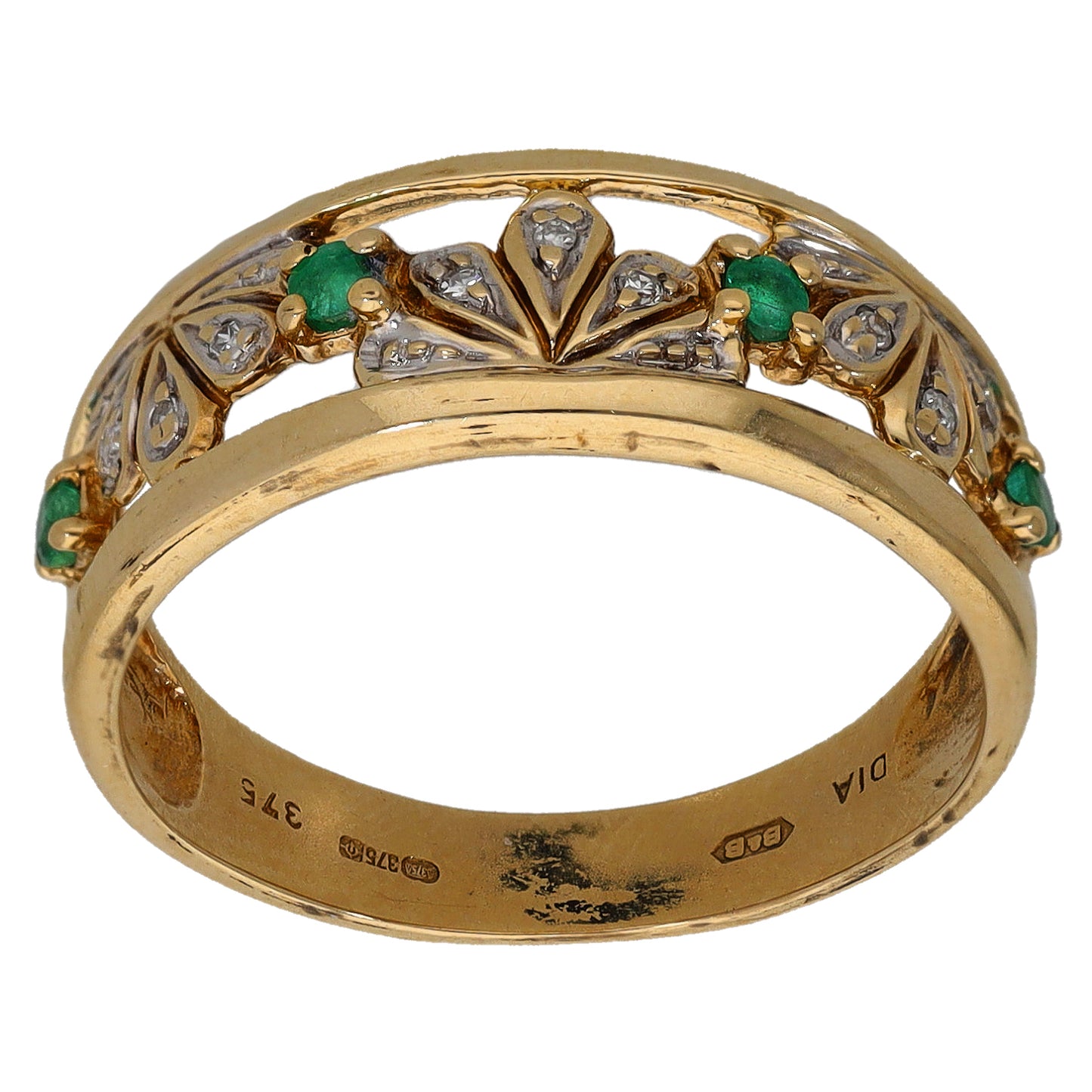 9ct Gold Emerald & 0.045ct Diamond Half Eternity Ring Size P