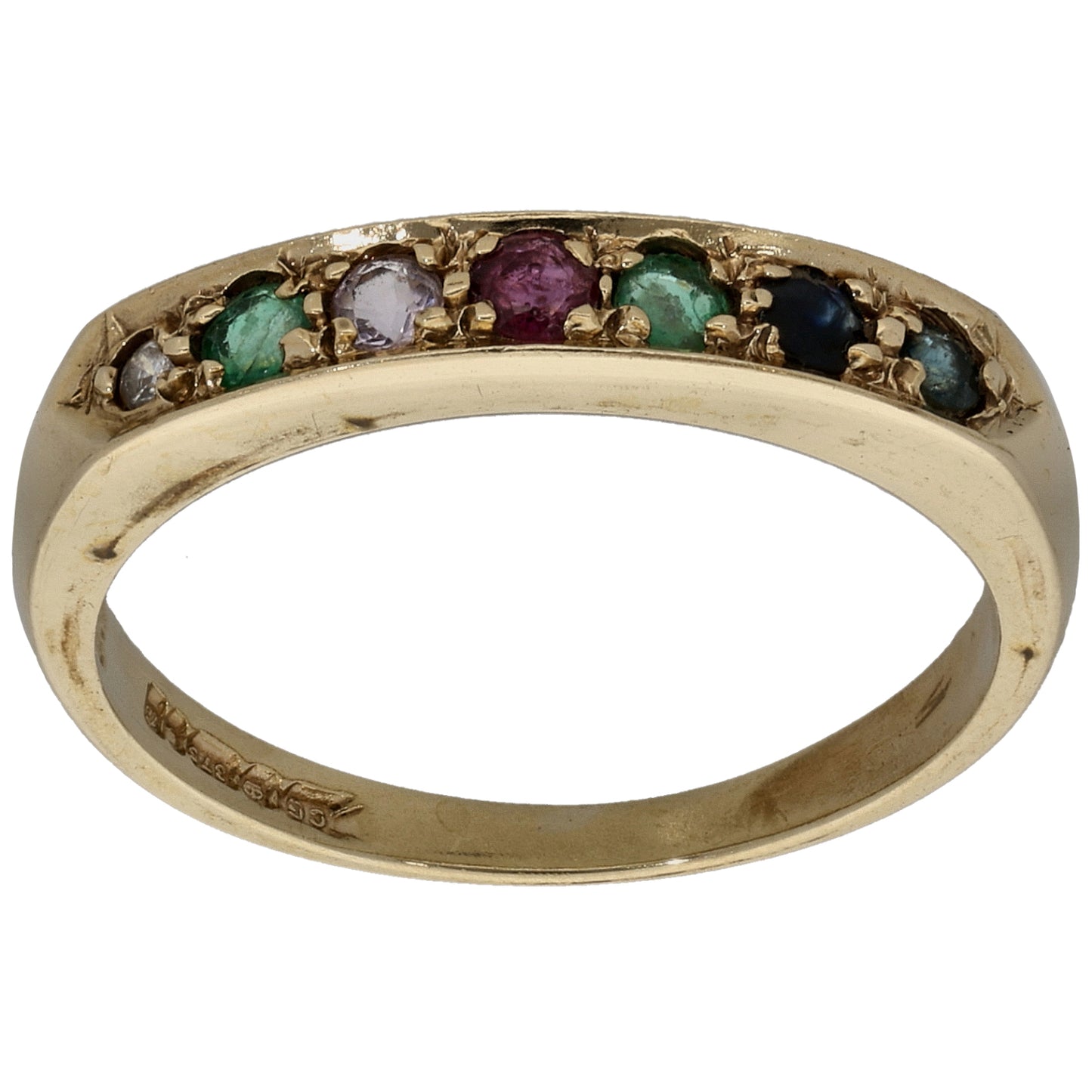 9ct Gold 0.01ct Diamond, Emerald, Amethyst, Ruby, Sapphire & Tourmaline Half Eternity Ring Size L