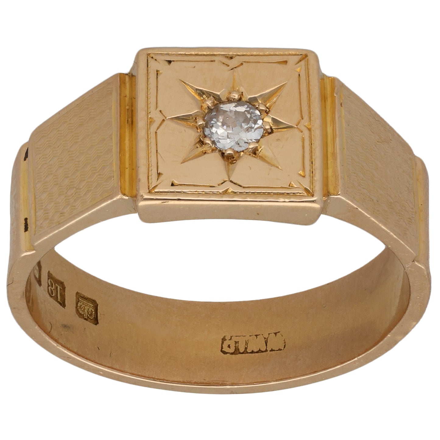 18ct Gold 0.09ct Diamond Patterned Single Stone Signet Ring Size U