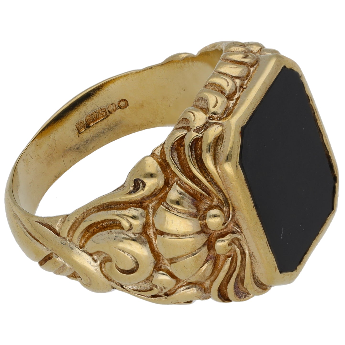 9ct Gold Onyx Patterned Signet Ring Size S